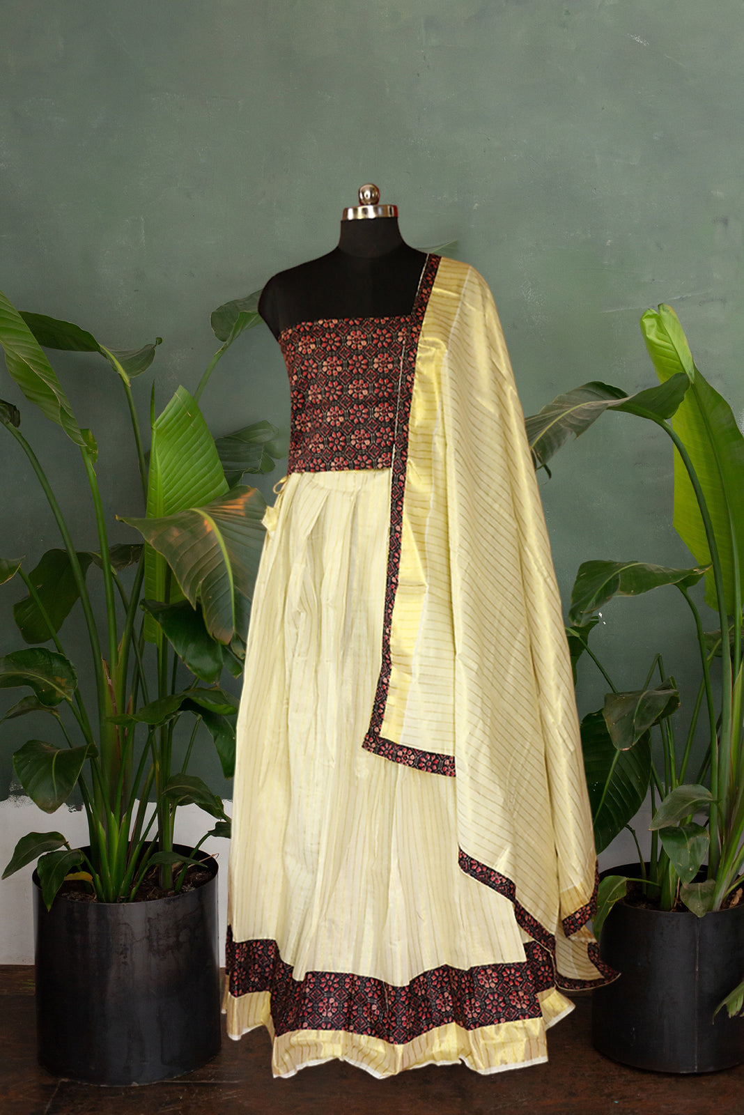 Ajrakh Bordered, Striped Kerala Tissue Kasavu Half Saree / Dhavani Set