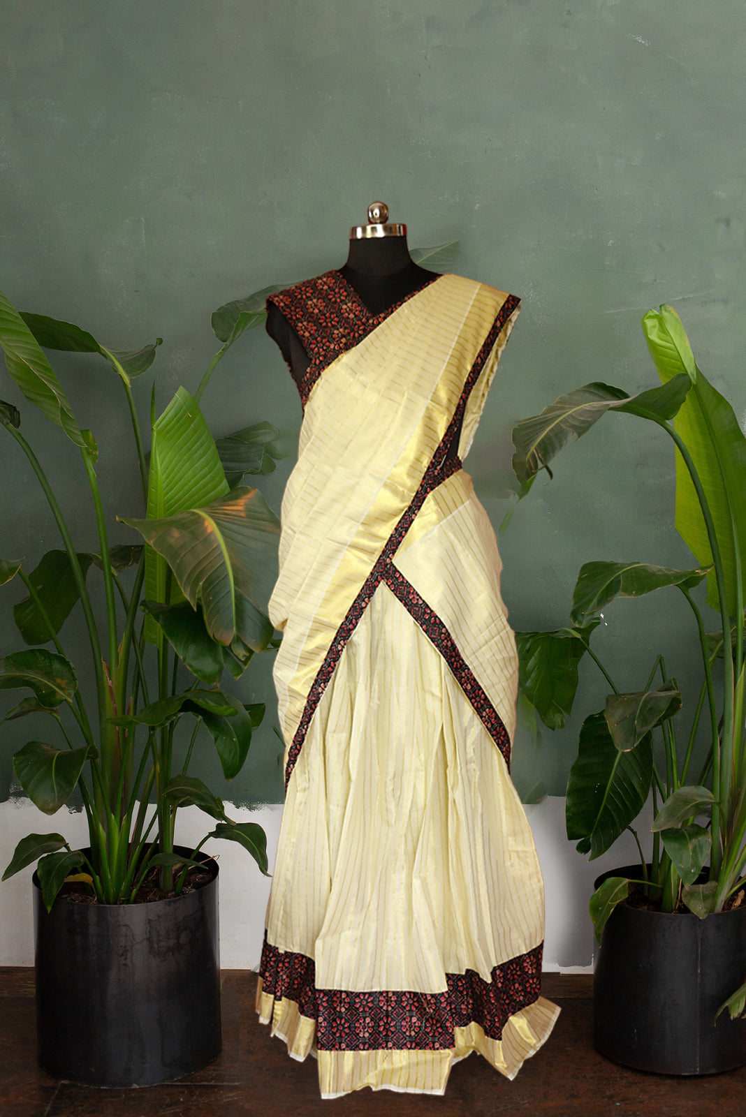 Ajrakh Bordered, Striped Kerala Tissue Kasavu Half Saree / Dhavani Set