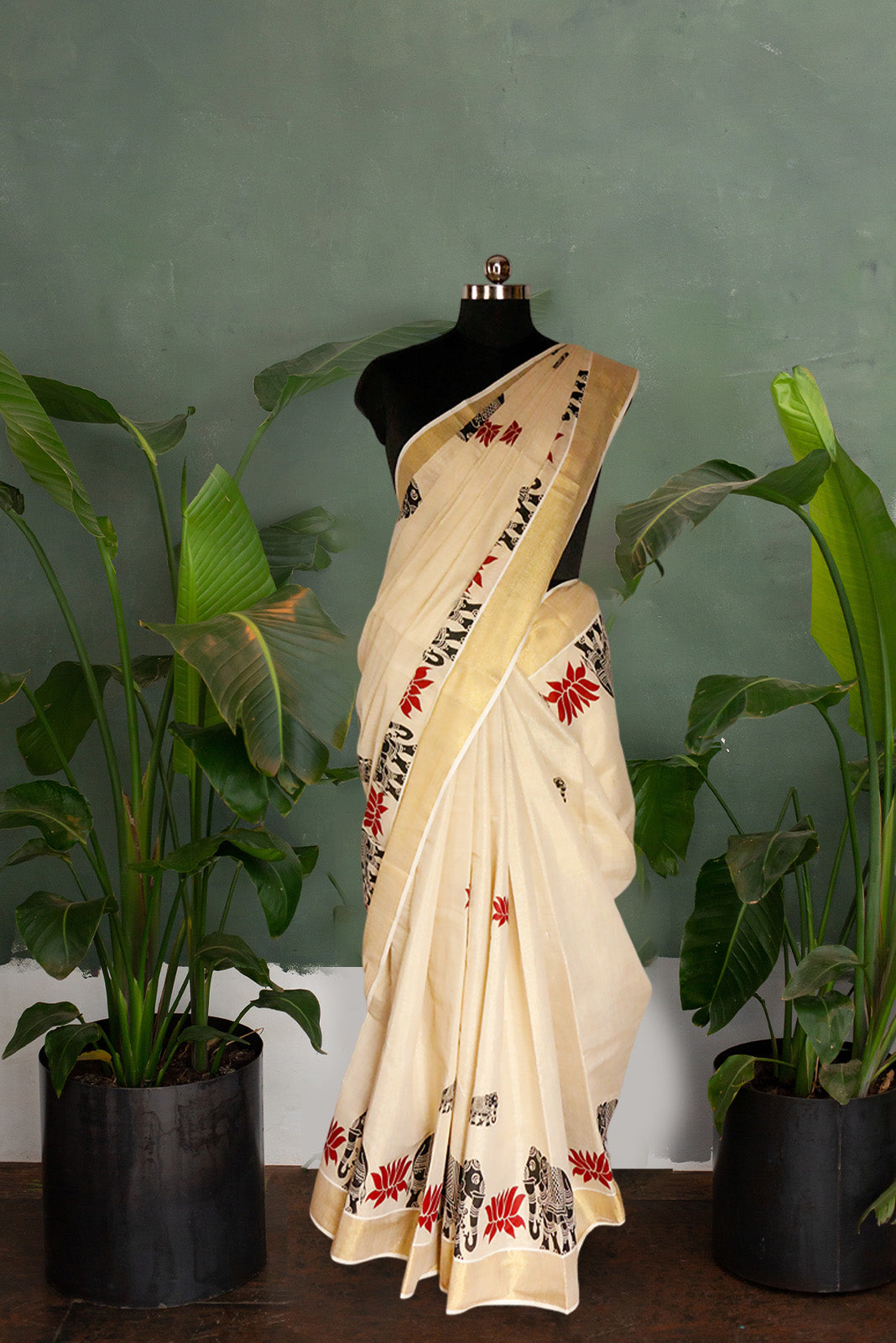 Elephant & Lotus Tissue Kasavu Saree