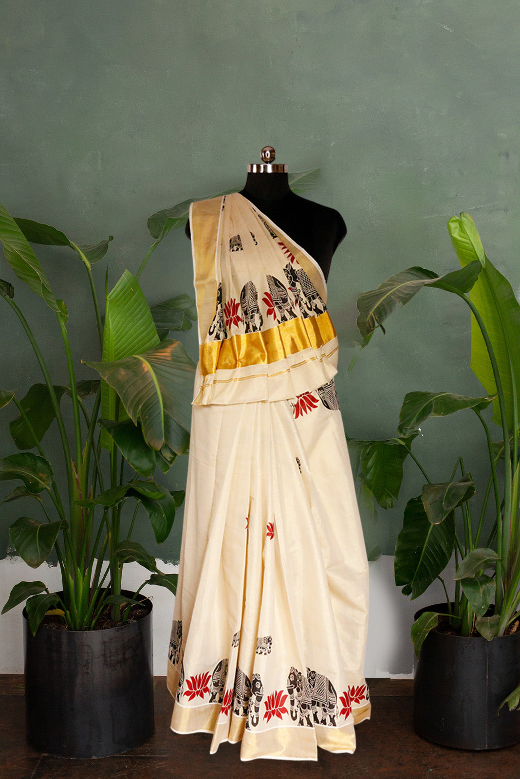 Elephant & Lotus Tissue Kasavu Saree