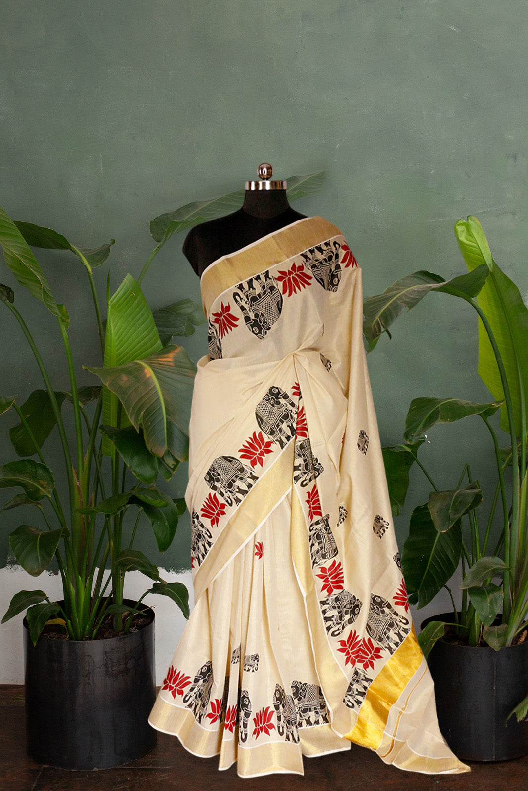 Elephant & Lotus Tissue Kasavu Saree