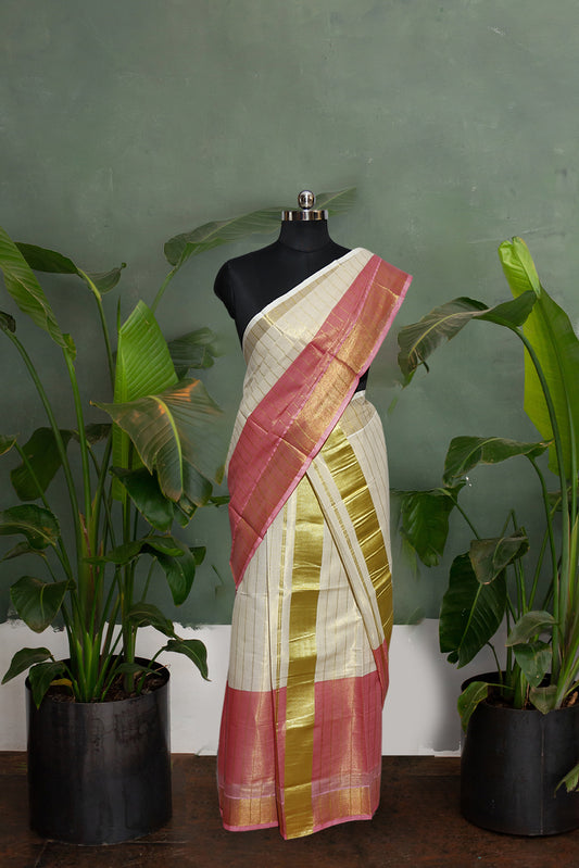 Tie & Dye Peach Designer Kerala Tissue Stripped Golden Kasavu Set Mundu