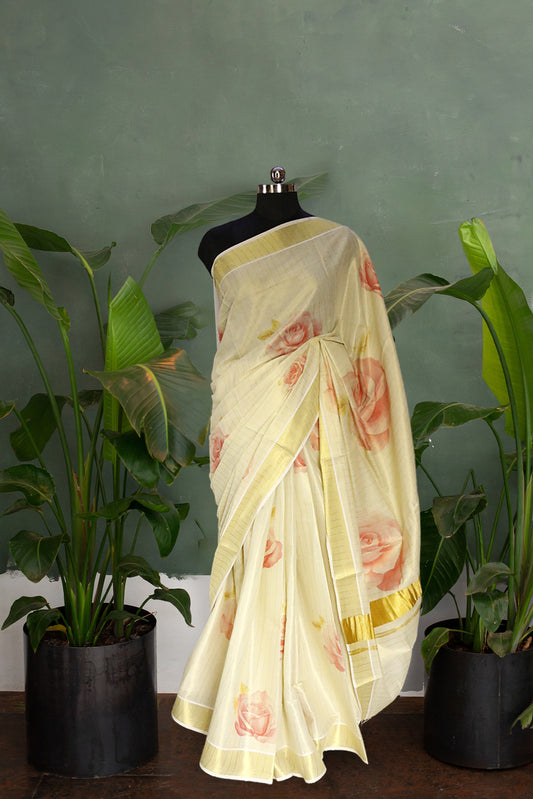 Rose Digital Print Kerala Tissue Kasavu Saree with golden stripe