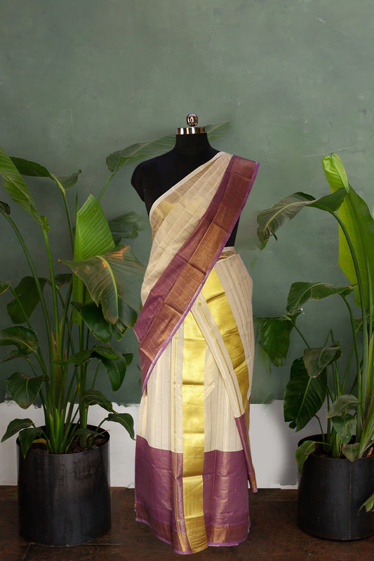 Tie & Dye Lavender Designer Golden Stripped Kerala Tissue Kasavu Set Mundu