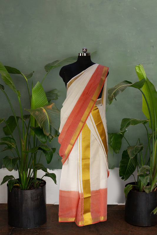 Tie & Dye Peach Orange Kerala Kasavu Cotton  with golden border set mundu