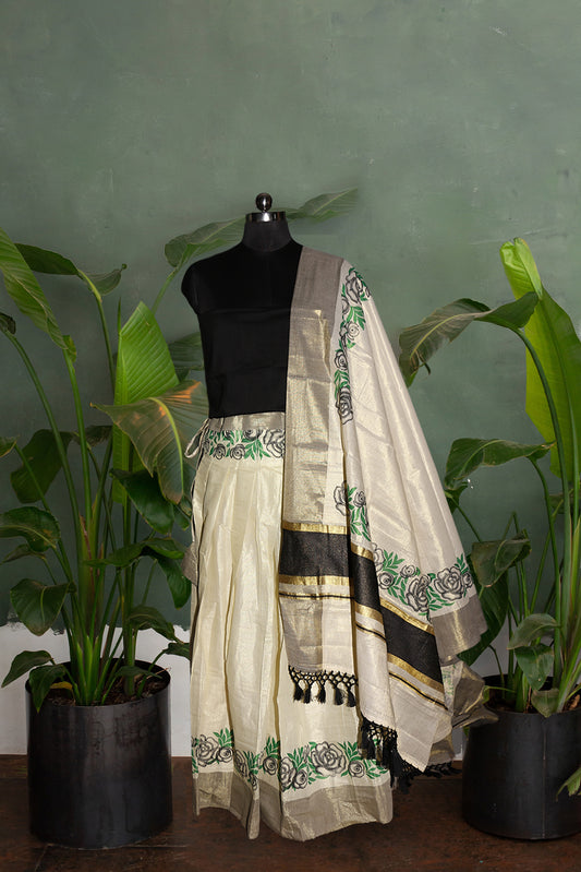 Black and Green Floral Printed, Designer Kerala Tissue Kasavu Half Saree/Dhavani Set