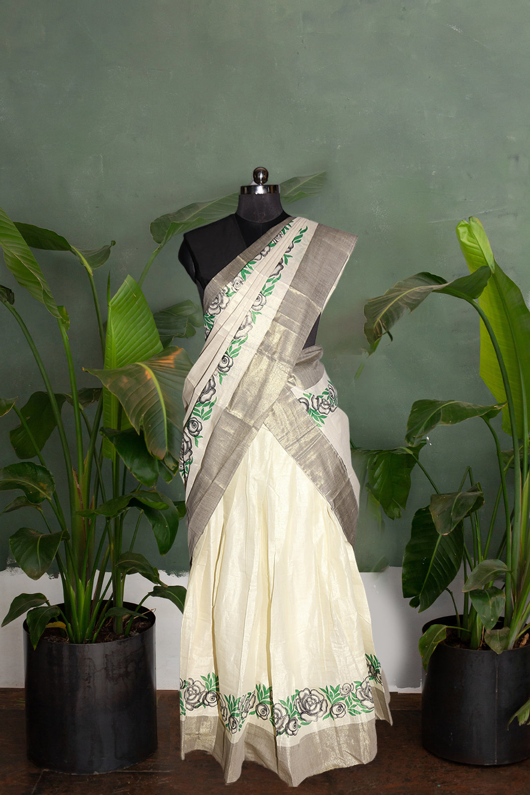 Black and Green Floral Printed, Designer Kerala Tissue Kasavu Half Saree/Dhavani Set