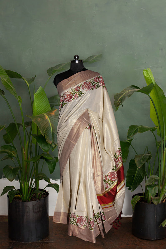 Maroon and Green Floral Printed Kerala Tissue Kasavu Saree