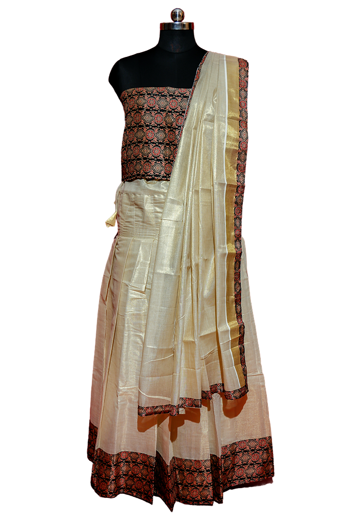 Ajrakh Bordered Designed Kerala Tissue Kasavu Half Saree / Dhavani Set