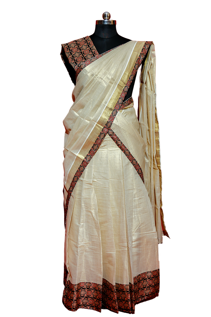 Ajrakh Bordered Designed Kerala Tissue Kasavu Half Saree / Dhavani Set