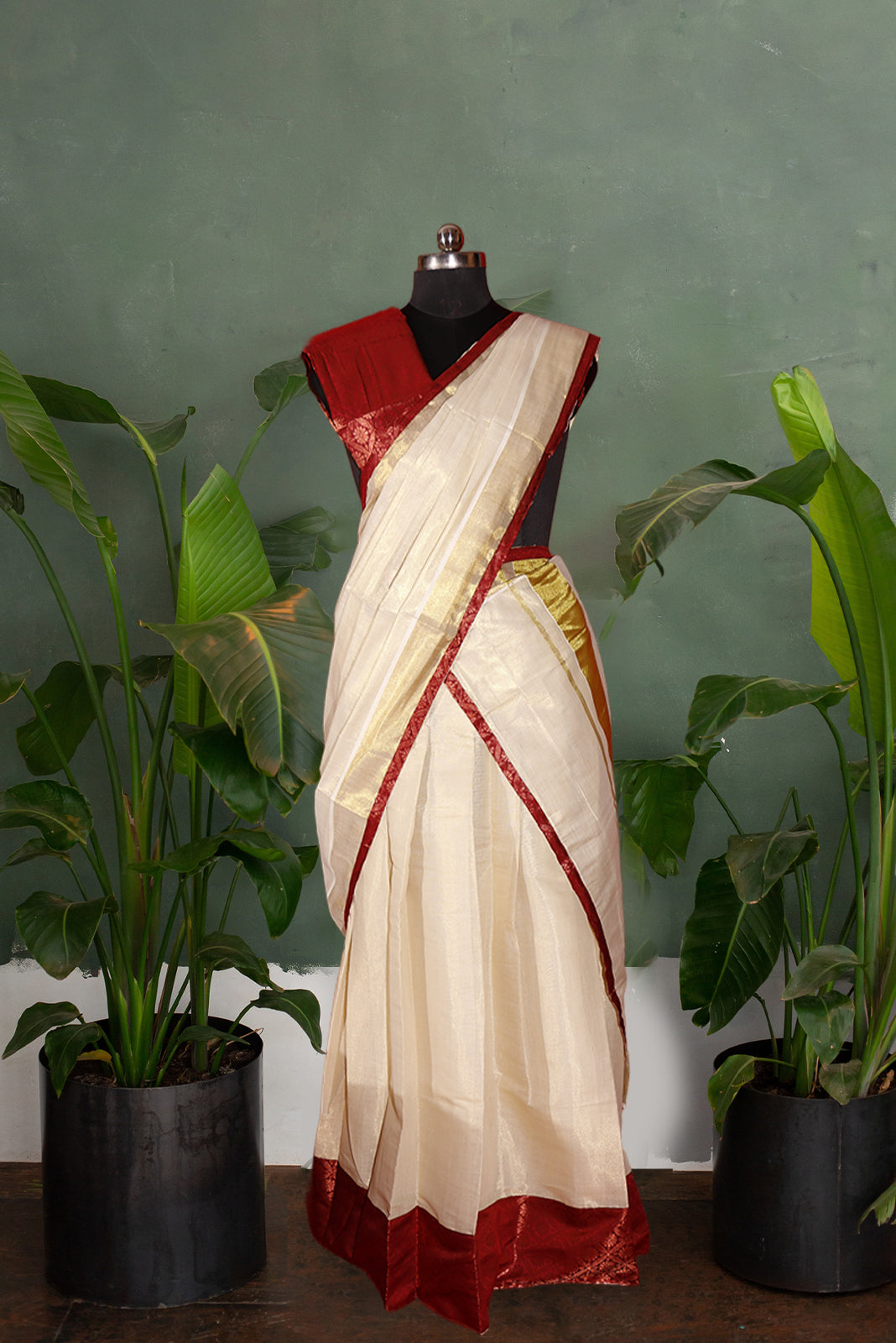 Maroon Brocade bordered Kerala Tissue Kasavu Half Saree / Dhavani Set