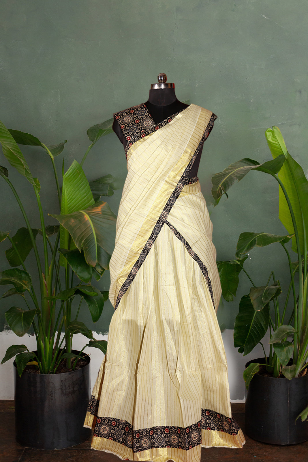 Ajrakh Bordered, Striped Kerala Tissue Kasavu Half Saree / Dhavani Set