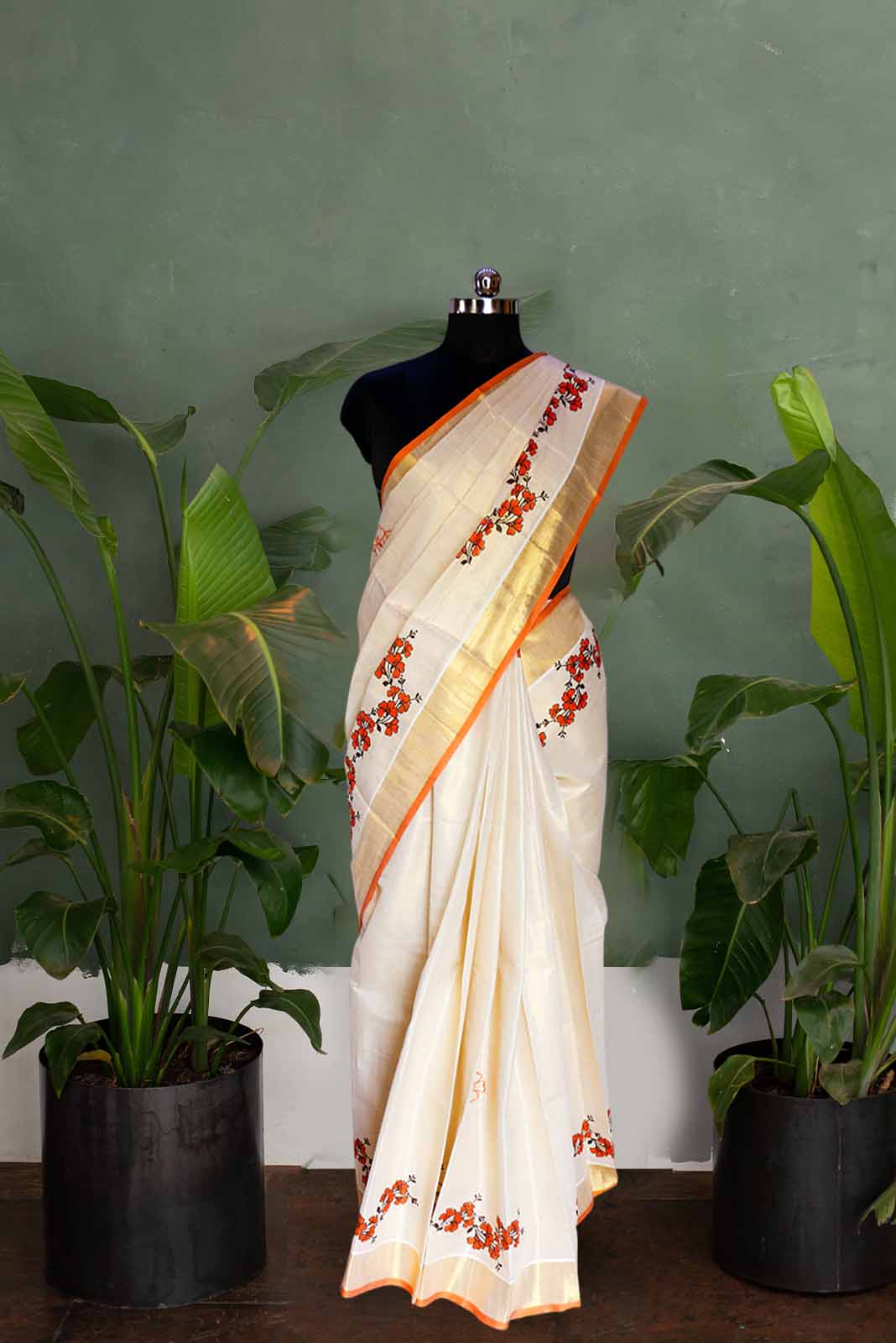 Orange Floral Mural Print Golden Tissue Saree