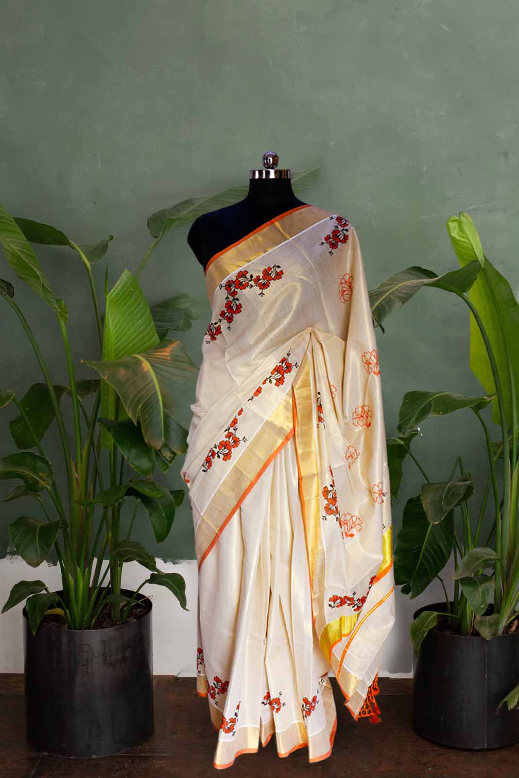 Orange Floral Mural Print Golden Tissue Saree