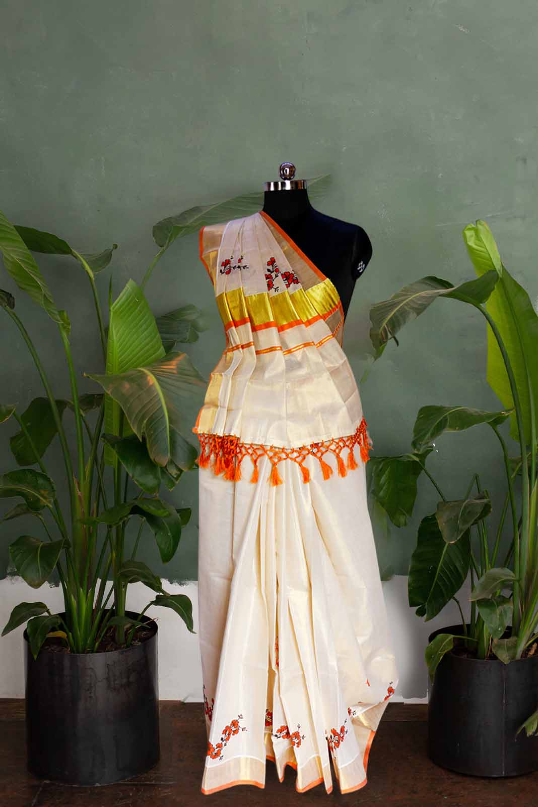 Orange Floral Mural Print Golden Tissue Saree