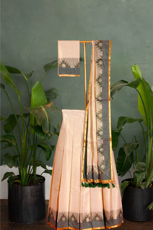 Green Temple Designed Kerala Tissue Half Saree/ Dhavani Set