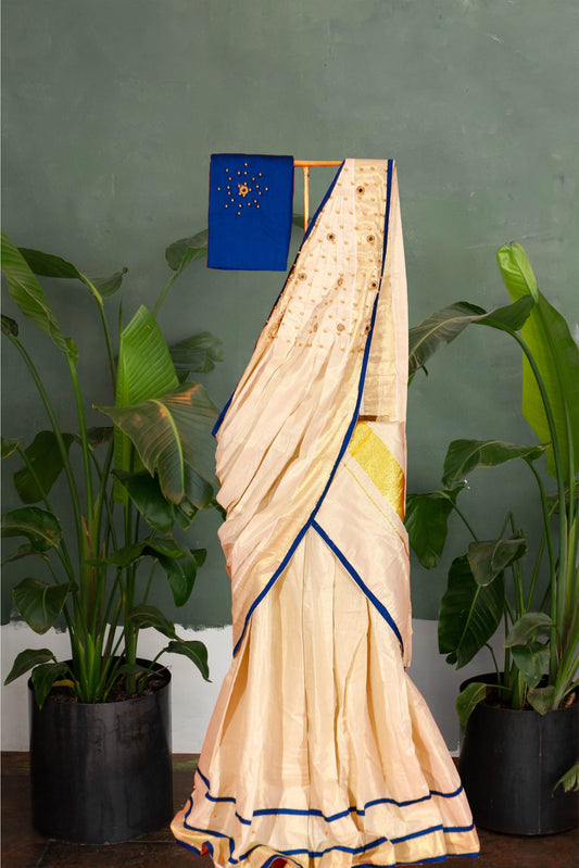 Mirror and Beads Embellished, Pleated Blue Kerala Tissue Kasavu Half Saree/ Dhavani Set