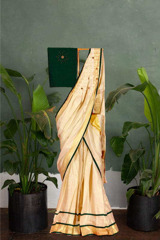 Mirror and Beads Embellished, Pleated Green Kerala Tissue Kasavu Half Saree/ Dhavani Set