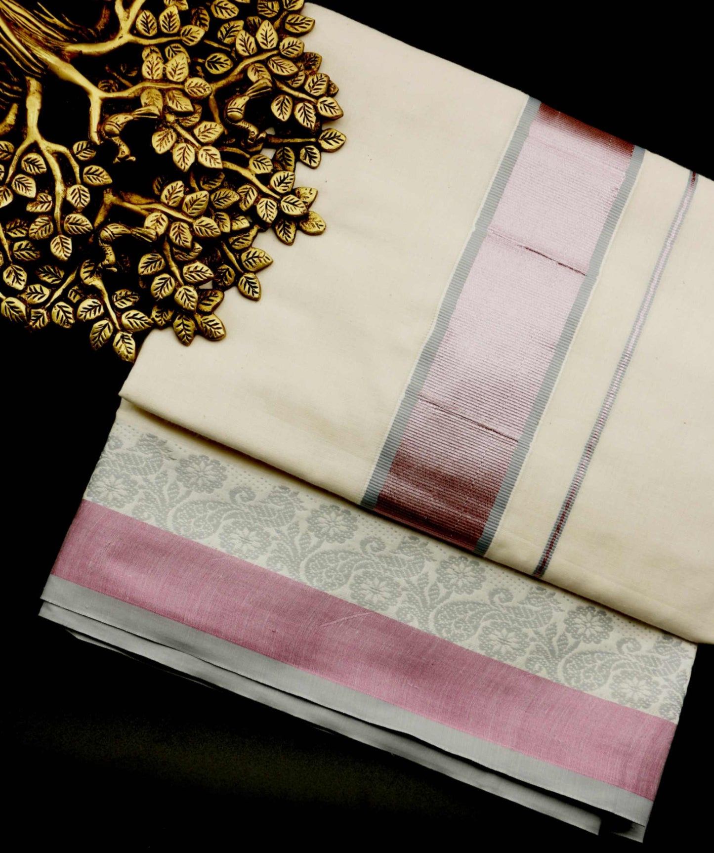 Rose Tissue With Silver Border Kerala Cotton Kasavu Saree