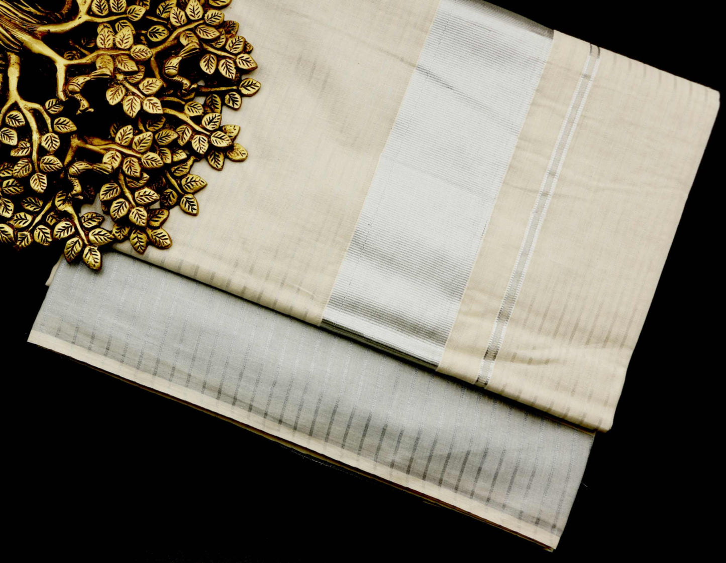 Silver Tissue Stripped Kerala Cotton Kasavu Saree