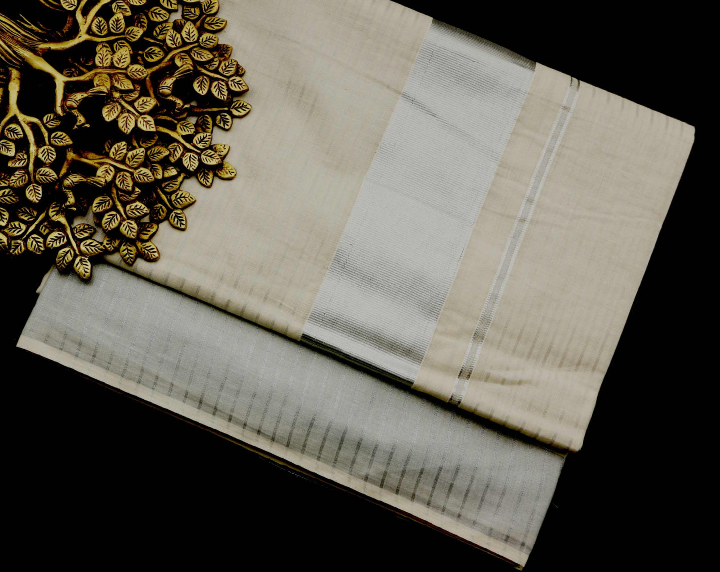 Silver Tissue Stripped Kerala Cotton Kasavu Saree