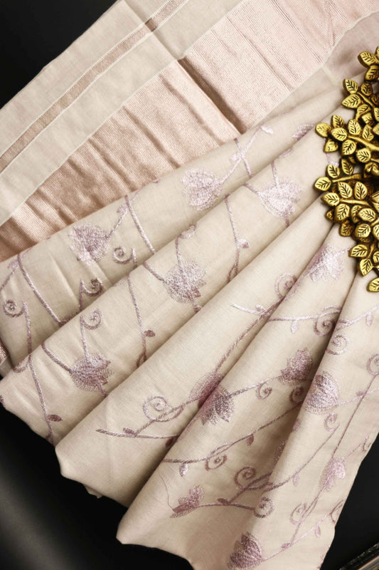 Designer Embroidery Rose Gold Kerala Tissue Kasavu Saree