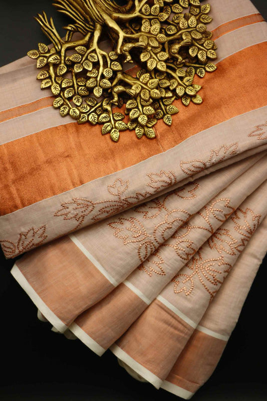 Copper Embroidered Kerala Tissue Kasavu Saree