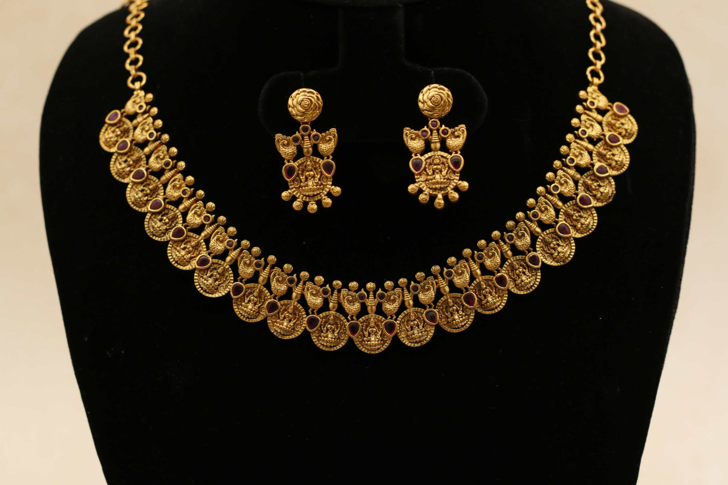 Lakshmi-Peacock Kemp Coin Necklace Set