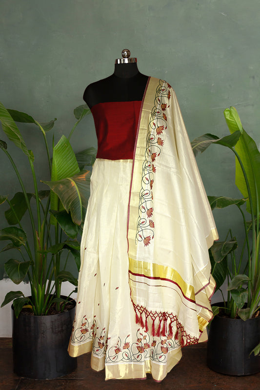 Floral Embroidered, Designer Kerala Tissue Kasavu Half Saree/Dhavani Set