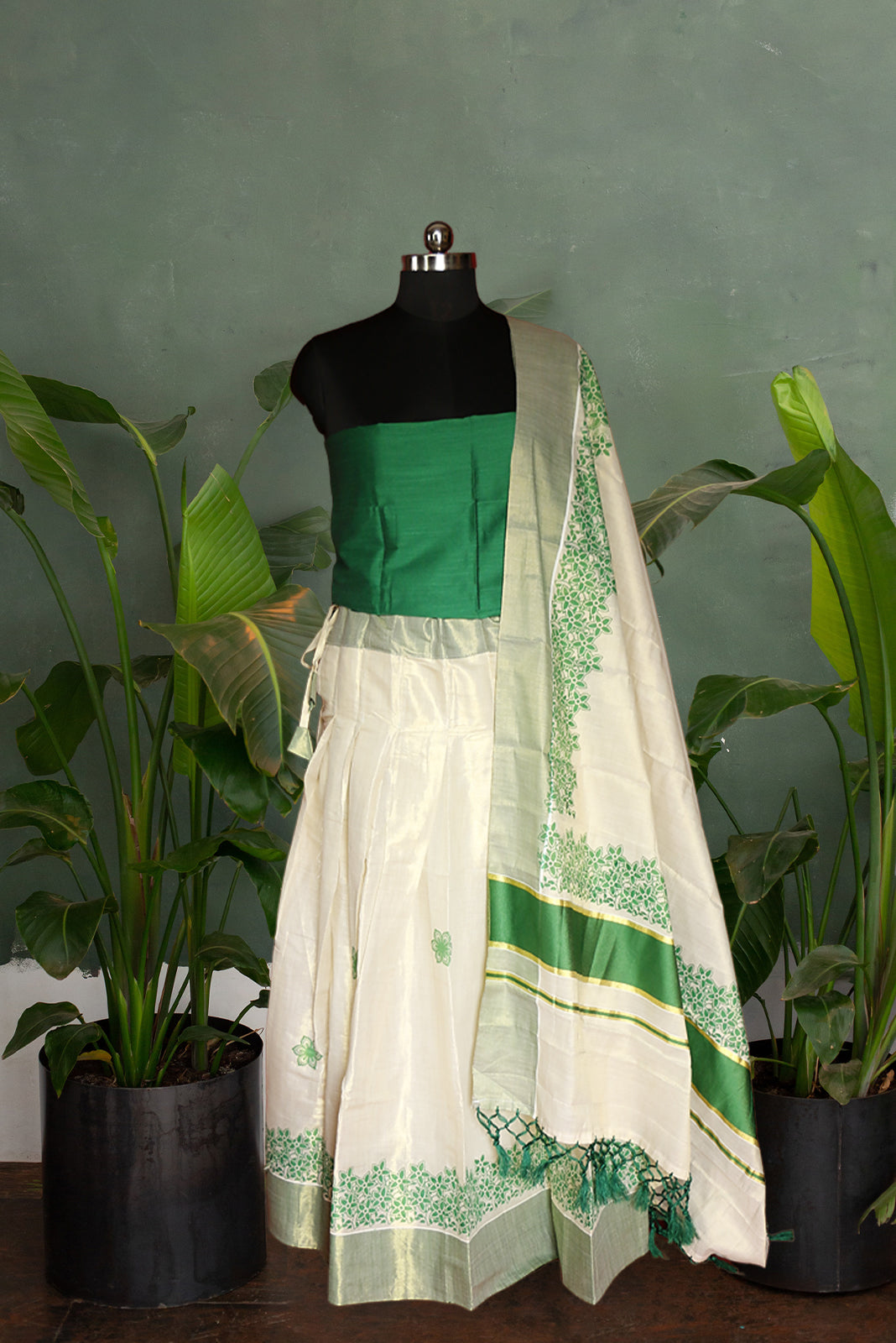 Green Floral Printed, Designer Kerala Tissue Kasavu Half Saree/Dhavani Set