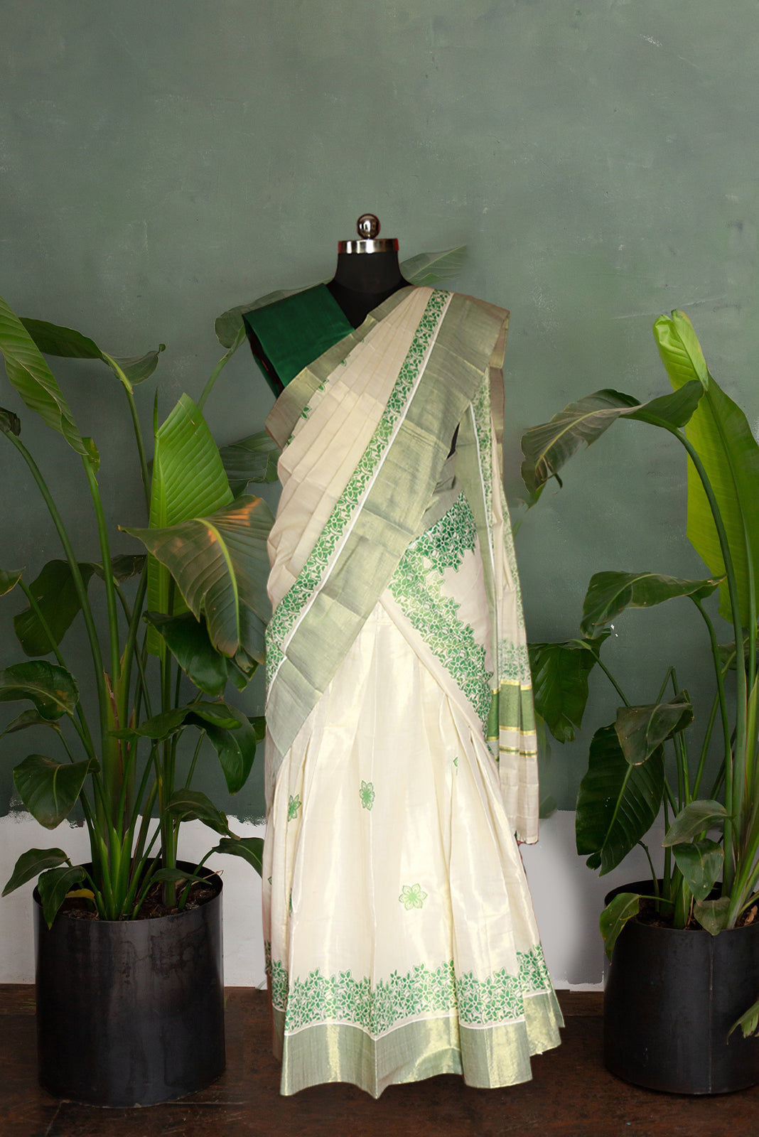 Green Floral Printed, Designer Kerala Tissue Kasavu Half Saree/Dhavani Set