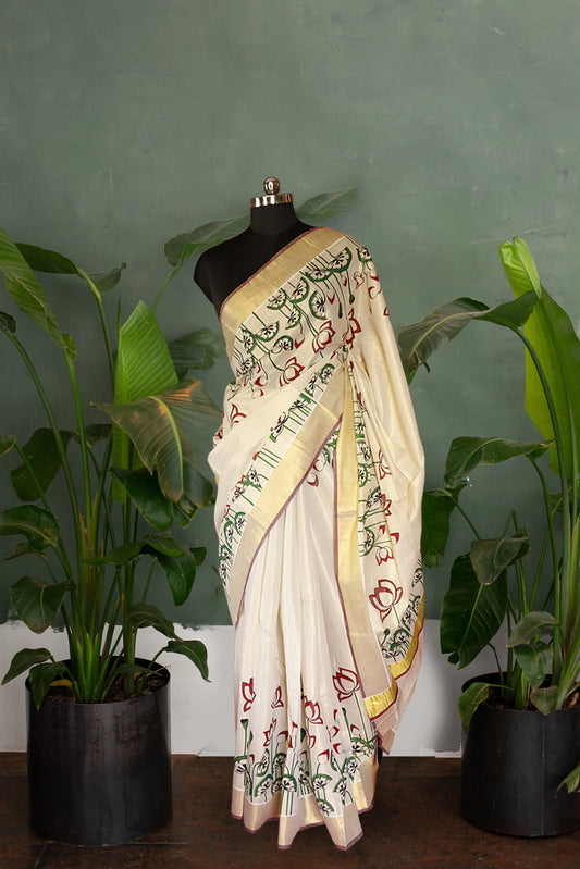 Maroon and Green Lotus Bud & Leaf Printed Kerala Tissue Kasavu Saree