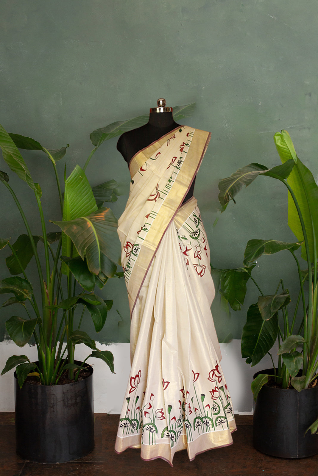 Maroon and Green Lotus Bud & Leaf Printed Kerala Tissue Kasavu Saree