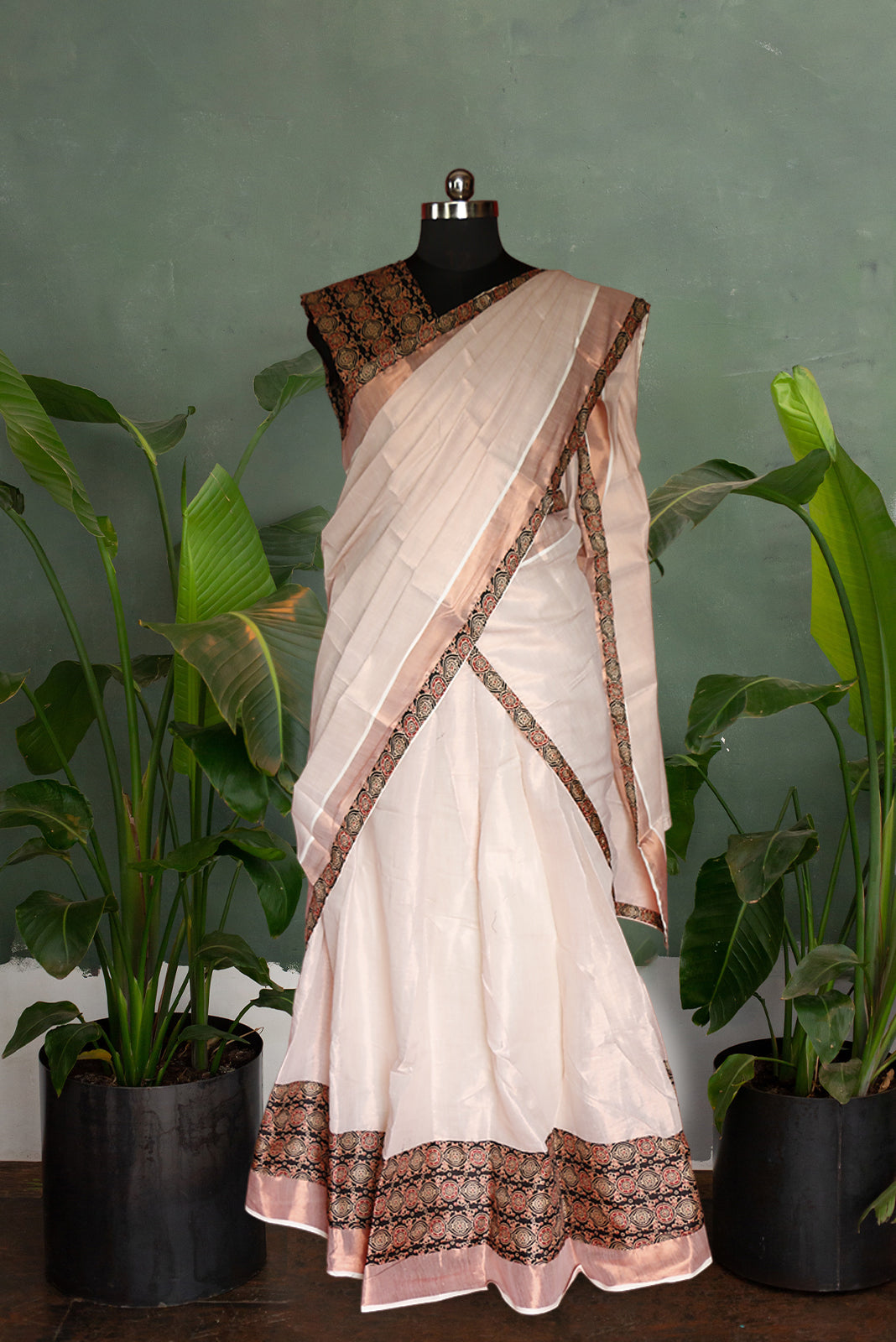 Ajrakh  Bordered Designed Kerala Copper Tissue Kasavu Half Saree/Dhavani Set