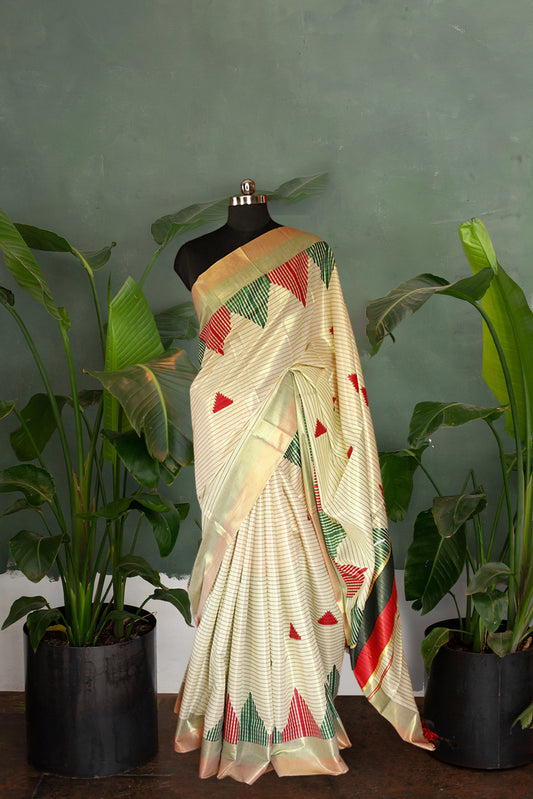 Dark Green and Red Temple Designed, Color Striped Kerala Tissue Kasavu Saree