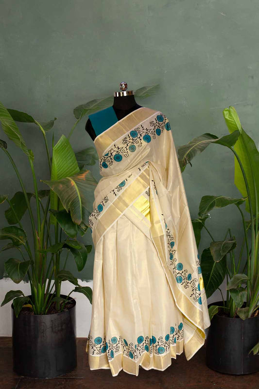 Blue Floral Print Kerala Tissue Dhavani Set