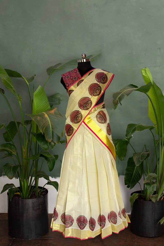 Theyyam Print Kerala Golden Tissue Dhavani set (Pink)