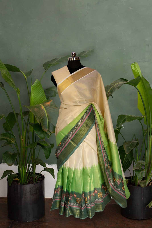Tie & Dye Digital Print Kerala Tissue Dhavani Set (Green)