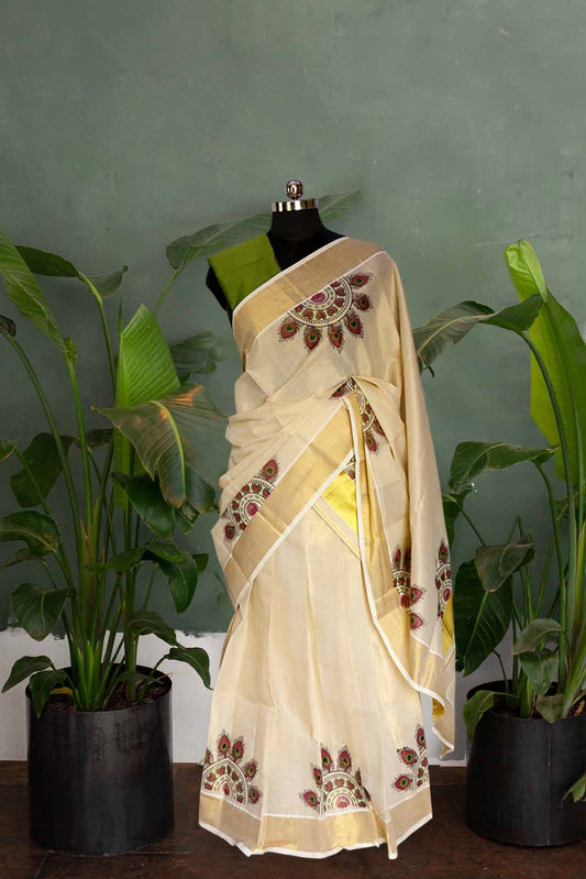 Peacock Feather Print Kerala Golden Tissue Dhavani Set